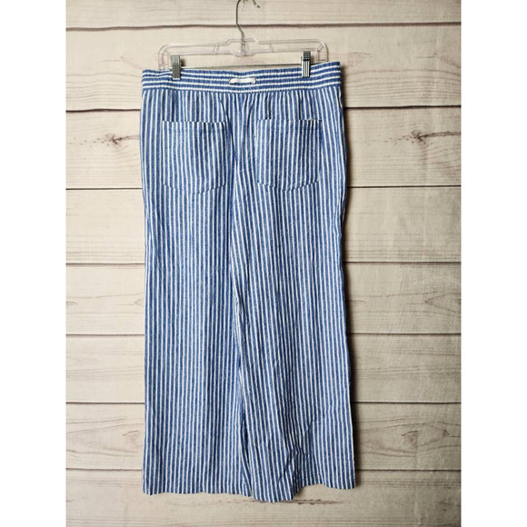 Jolt Womens Wide Leg Cropped Pants Blue Stripe Drawstring Pockets Tassels Linen - Picture 4 of 12